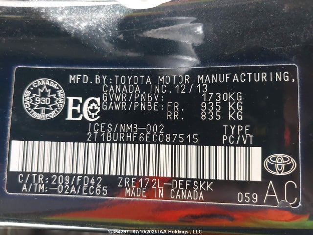 Toyota 2zr-fe 2014 2T1BURHE6EC087515 Image 9