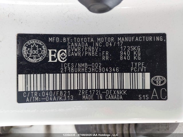2T1BURHE3HC904346 Toyota 2zr-fe