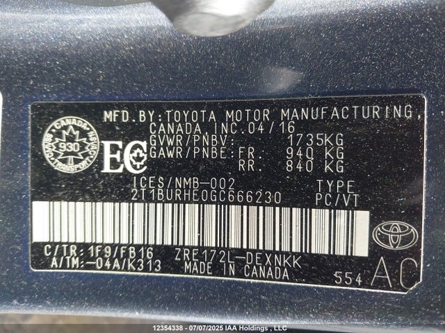 2T1BURHE0GC666230 Toyota 2zr-fe