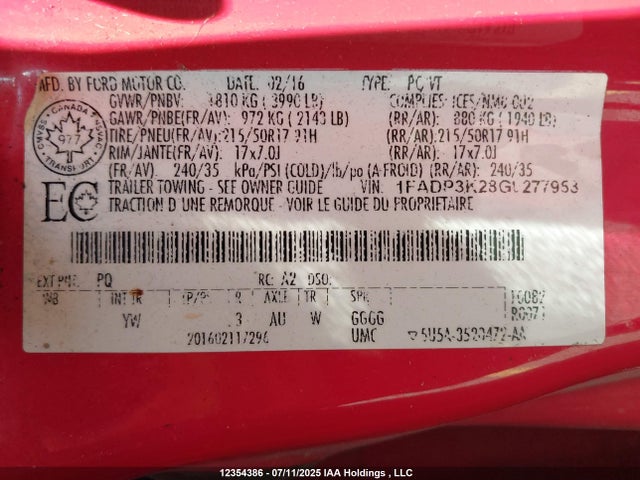 1FADP3K28GL277958 Ford 2016
