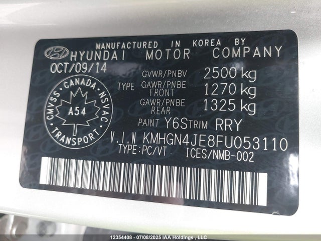 KMHGN4JE8FU053110 Hyundai gasoline 3.8 dohc mpi lambda