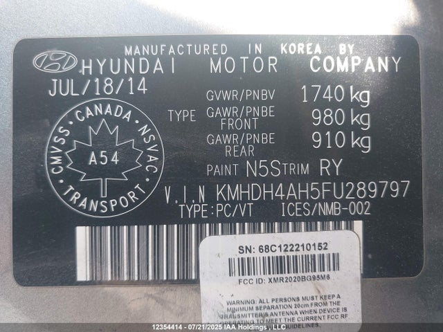 KMHDH4AH5FU289797 Hyundai dohc gdi nu