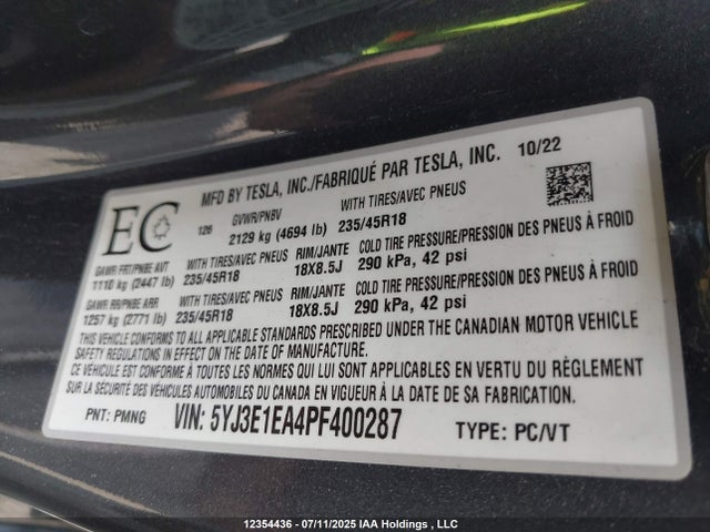 5YJ3E1EA4PF400287 Tesla MODEL 3