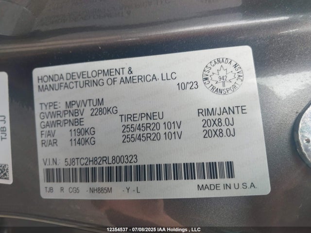 Acura k20c4 2024 5J8TC2H82RL800323 Image 9