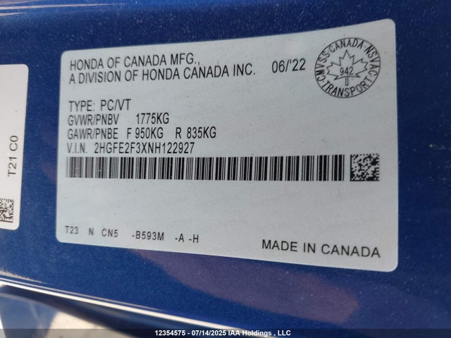 Honda Civic 2022 2HGFE2F3XNH122927 Image 9