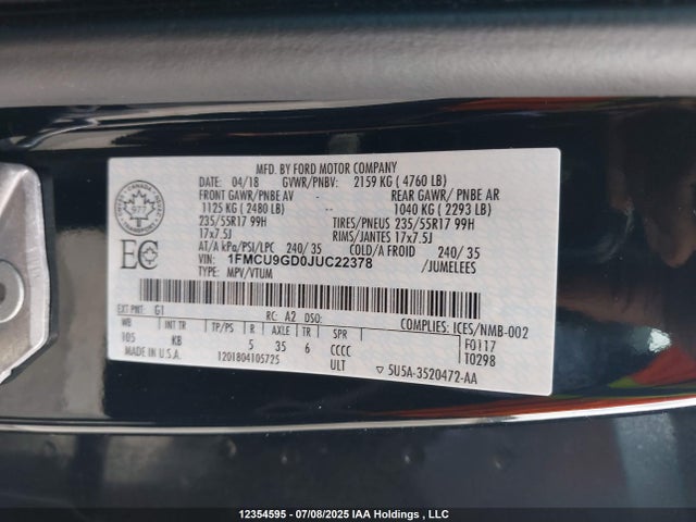 1FMCU9GD0JUC22378 Ford 1.5l gtdi sigma w/premium fuel