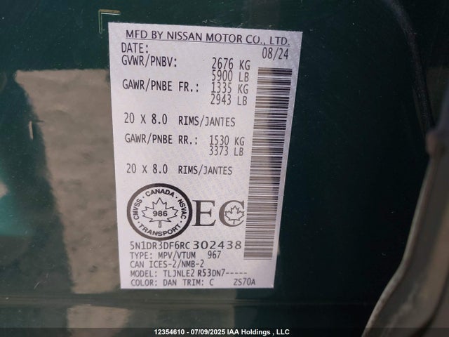 12354610 :رقم المزاد ، 5N1DR3DF6RC302438 vin ، 2024 Nissan Pathfinder Platinum مزاد بيع