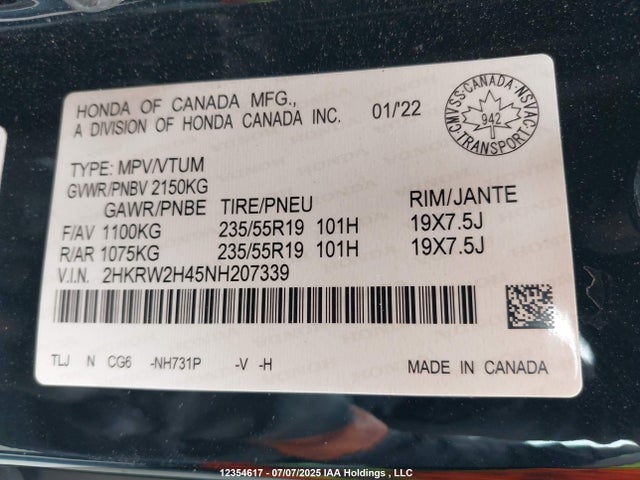 2HKRW2H45NH207339 Honda l15be