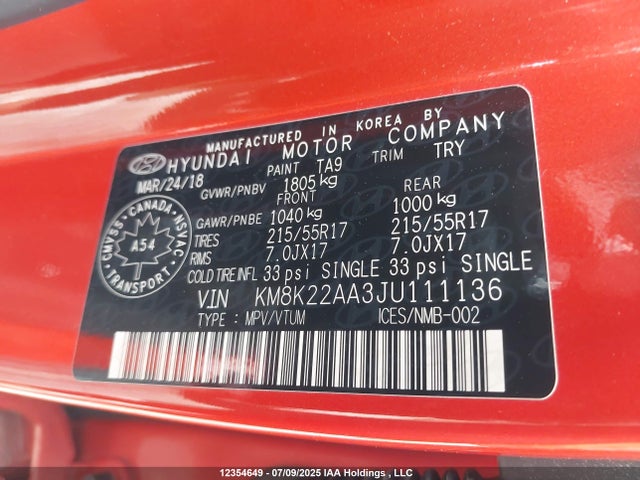 KM8K22AA3JU111136 Hyundai mpi nu