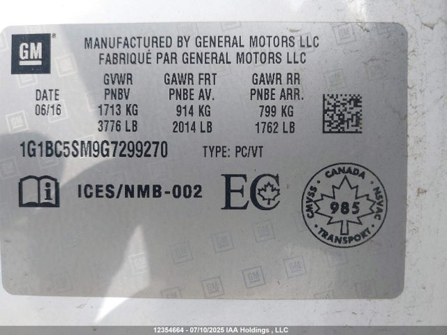 1G1BC5SM9G7299270 Chevrolet le2 - di: direct injection, alum, vvt, gen i, gmna
