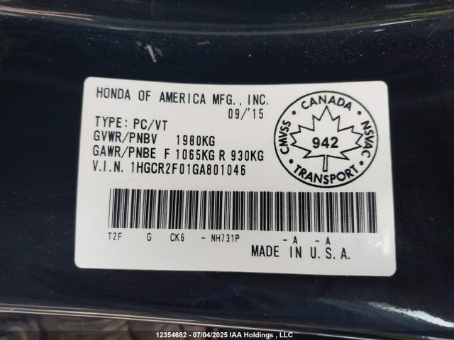 1HGCR2F01GA801046 Honda k24w1