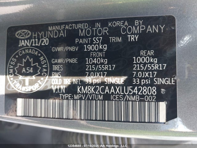KM8K2CAAXLU542808 Hyundai mpi nu