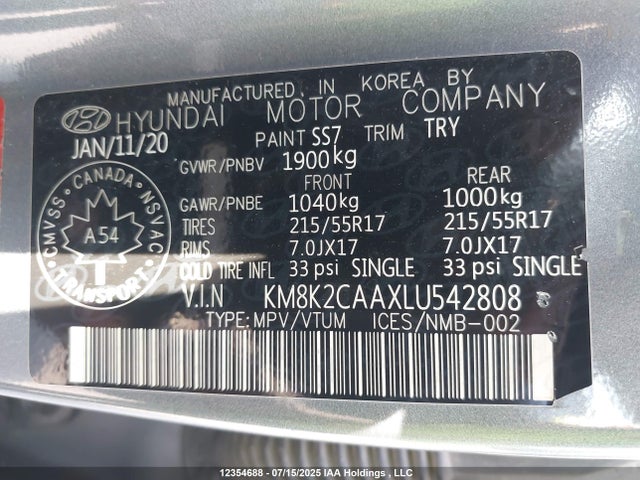 KM8K2CAAXLU542808 Hyundai mpi nu