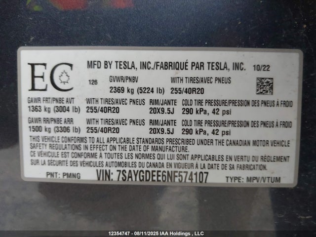 7SAYGDEE6NF574107 Tesla Model Y