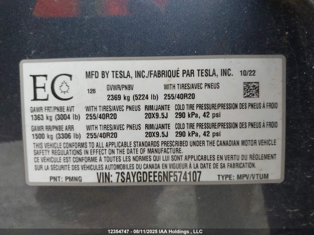 7SAYGDEE6NF574107 Tesla Model Y