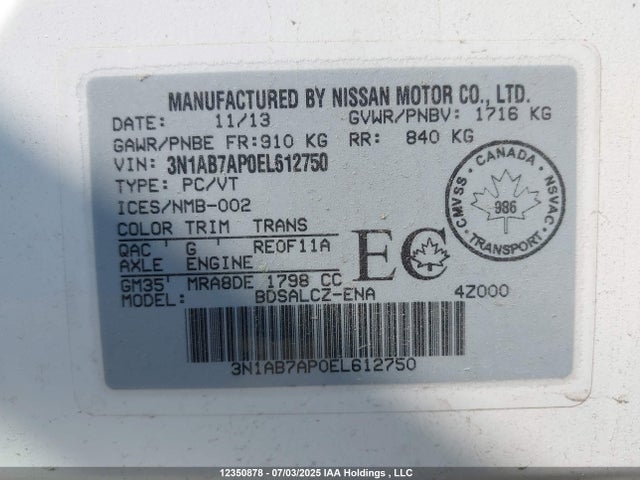 3N1AB7AP0EL612750 Nissan 2014