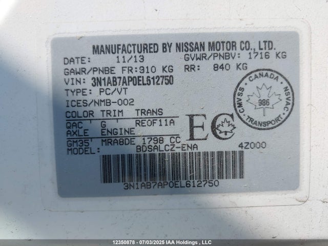 3N1AB7AP0EL612750 Nissan 2014