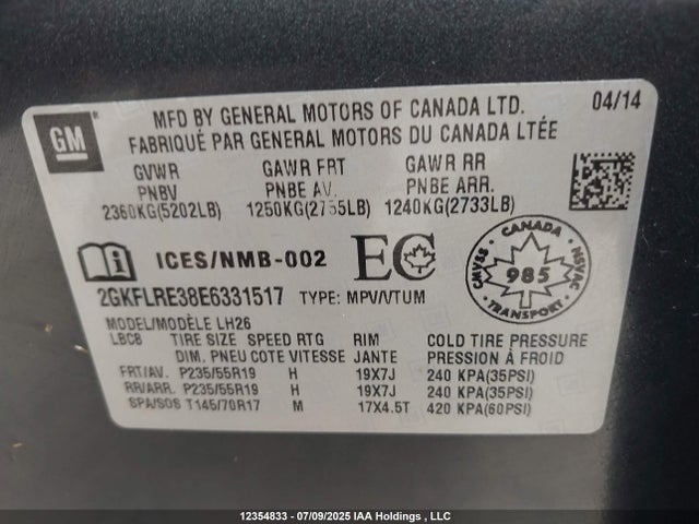 GMC lfx - vvt, e85 max, aluminum 2014 2GKFLRE38E6331517 Image 9