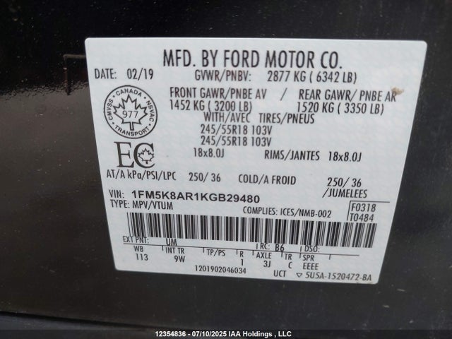 1FM5K8AR1KGB29480 Ford 3.7l ti-vct