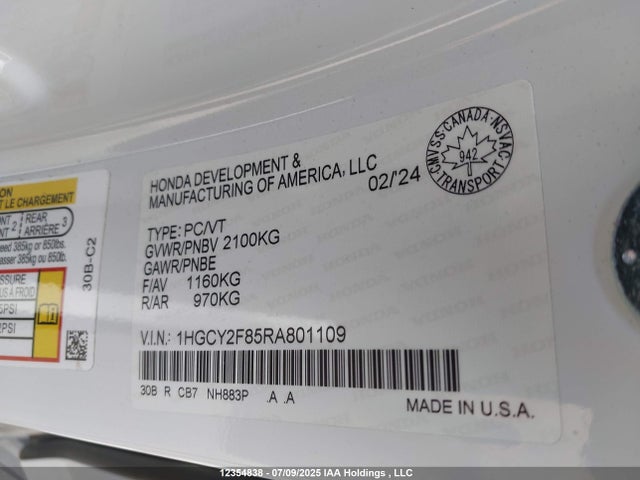 1HGCY2F85RA801109 Honda lfc5