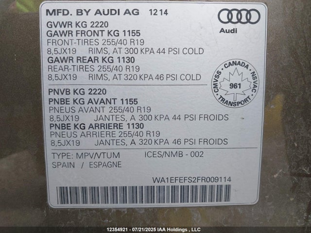WA1EFEFS2FR009114 Audi 2.0t