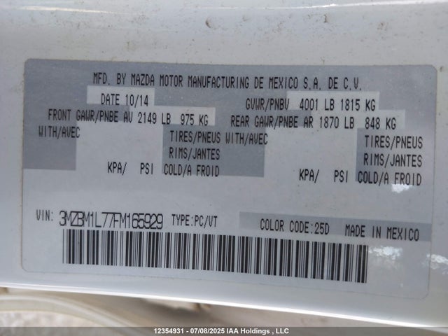 3MZBM1L77FM165929 Mazda pe