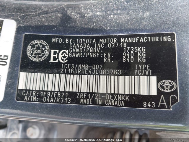 Toyota 2zr-fe 2018 2T1BURHE4JC083263 Image 9
