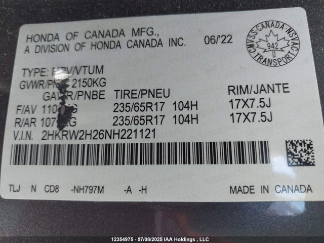 2HKRW2H26NH221121 Honda l15be