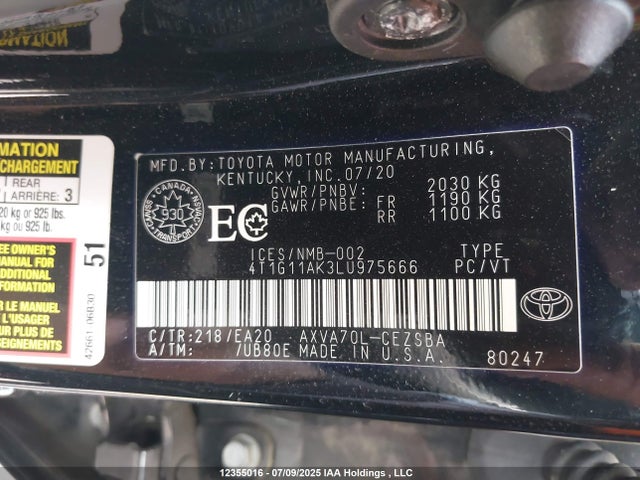 Toyota a25a-fks 2020 4T1G11AK3LU975666 Image 9