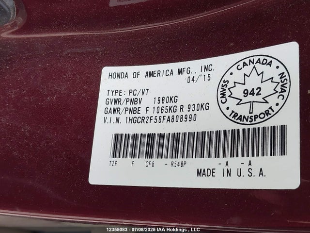 Honda k24w1 2015 1HGCR2F56FA808990 Image 9