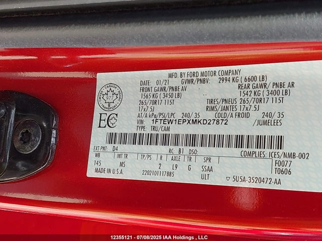 Продажа на аукционе авто 2021 Ford F-150 Xlt, vin: 1FTEW1EPXMKD27872, номер лота: 12355121