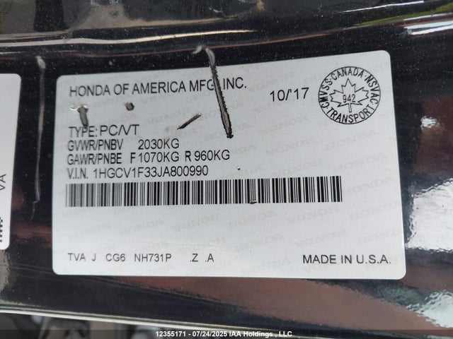 1HGCV1F33JA800990 Honda l15be