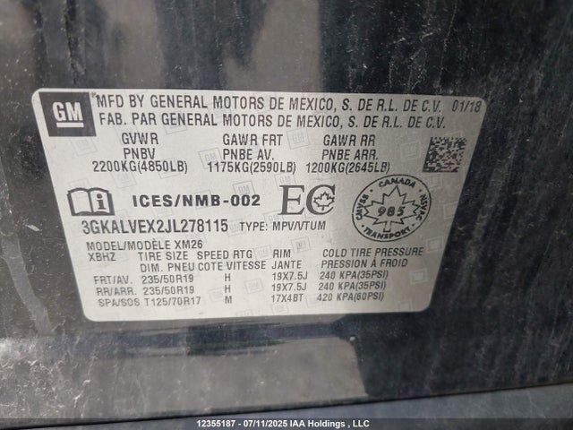 3GKALVEX2JL278115 GMC ltg - spark ignited direct injection, alum dohc, vvt, dcvcp turbo, e0-e100, alum