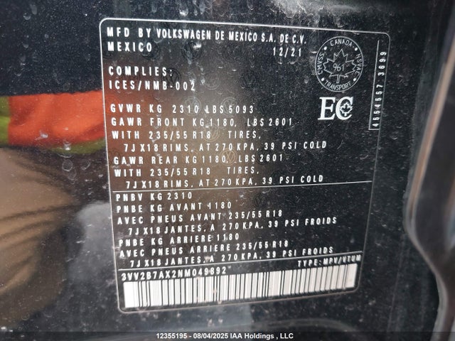 3VV2B7AX2NM049892 Volkswagen Tiguan