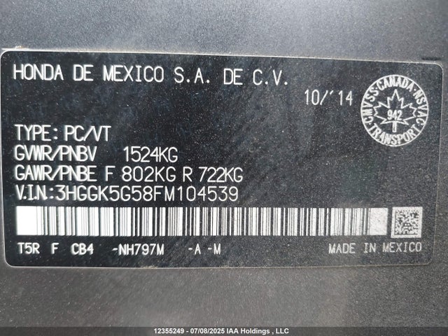 3HGGK5G58FM104539 Honda l15b1