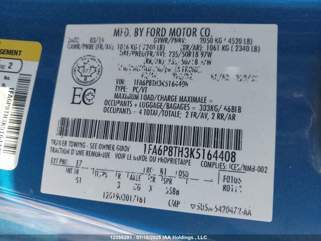 Ford 4v 2019 1FA6P8TH3K5164408 Image 9
