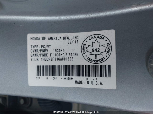 1HGCR2F33GA801608 Honda k24w1