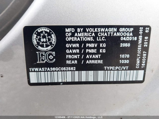 1VWAS7A36GC052562 Volkswagen 2016