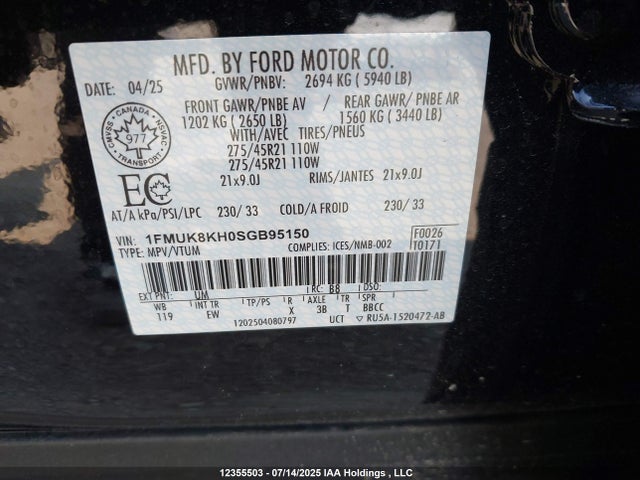 Ford tivct 2025 1FMUK8KH0SGB95150 Image 9