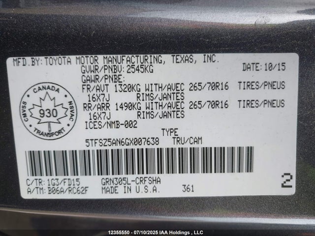 5TFSZ5AN6GX007638 Toyota 2gr-fks