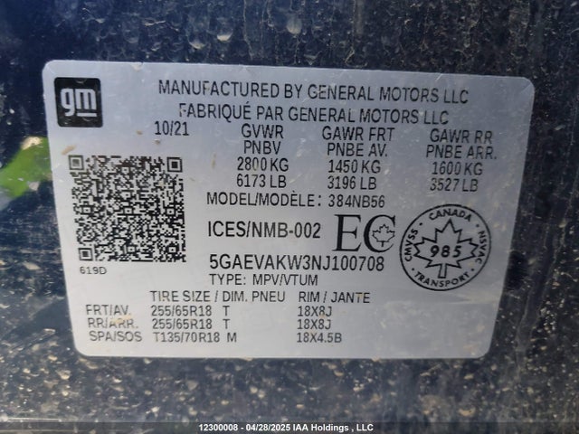 5GAEVAKW3NJ100708 Buick lfy - spark ignited direct injection, atss, gen1