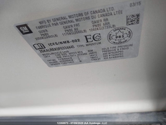 2GKALREK9F6334445 GMC lea - flex fuel (gas/alc), aluminum, ho,