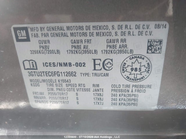 3GTU2TEC6FG112662 GMC l83 - vvt, active fuel management, aluminum