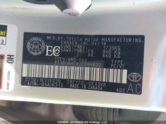 2T1BURHE6JC094832 Toyota 2zr-fe