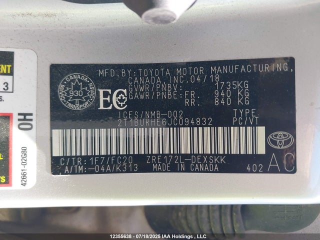 2T1BURHE6JC094832 Toyota 2zr-fe