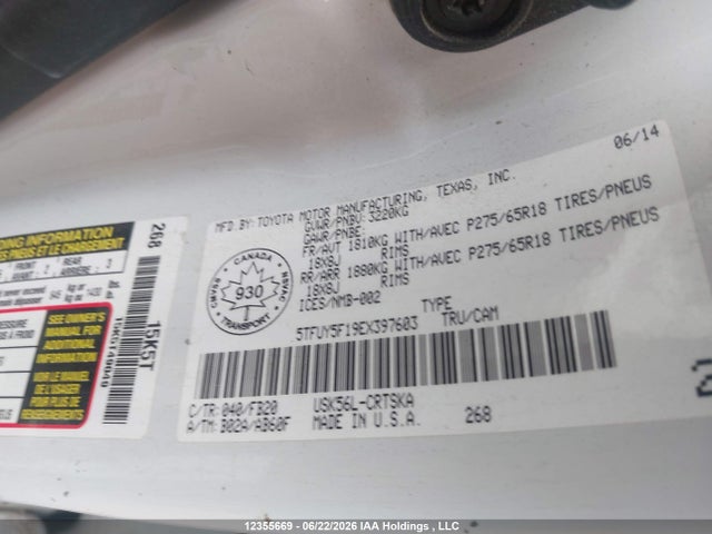 2014 Toyota Tundra Sr 5.7l V8 მანქანა იყიდება აუქციონზე, vin: 5TFUY5F19EX397603, აუქციონის ნომერი: 12355669