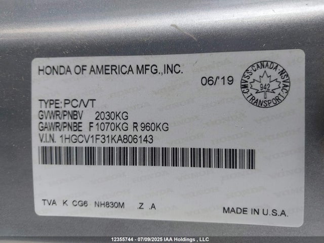1HGCV1F31KA806143 Honda l15be