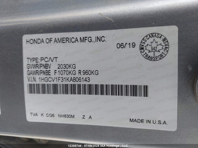 1HGCV1F31KA806143 Honda l15be
