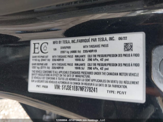 5YJ3E1EB7NF278241 Tesla MODEL 3