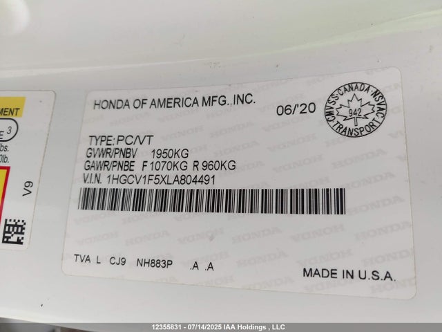 1HGCV1F5XLA804491 Honda l15be